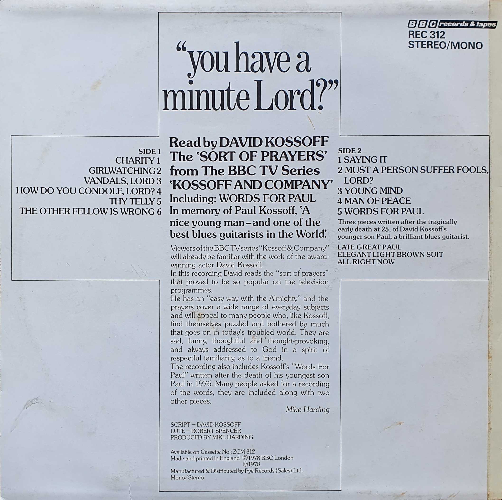 Picture of REC 312 You have a minute lord by artist David Kossoff from the BBC records and Tapes library